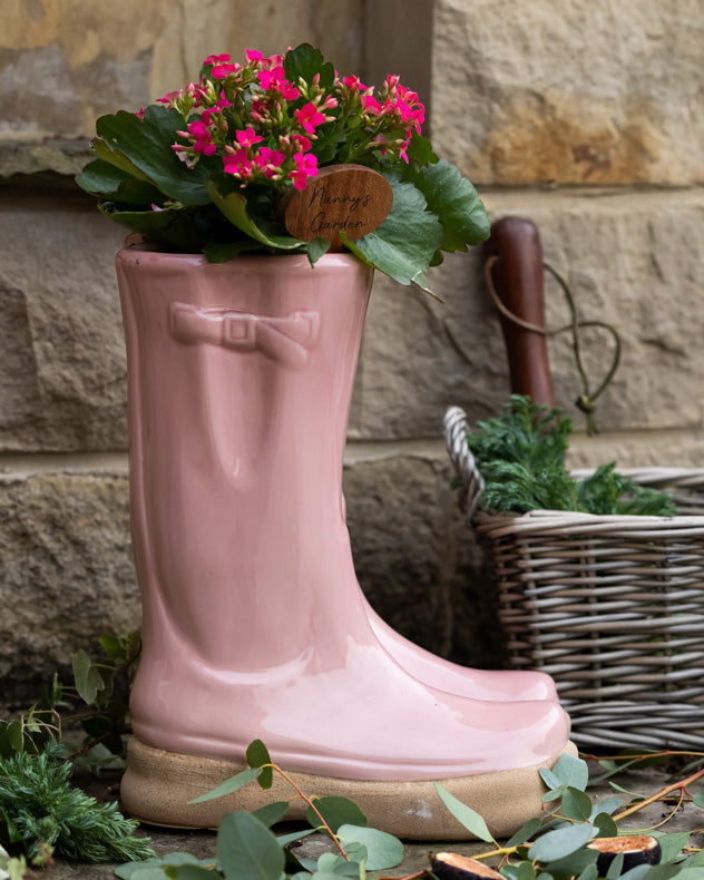 Large Pink Wellington Boots Planter with Personalised Marker