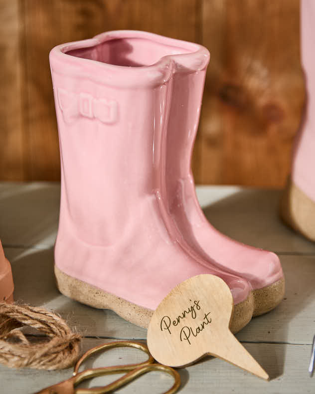 Pink Wellington Boots Planter with Personalised Marker