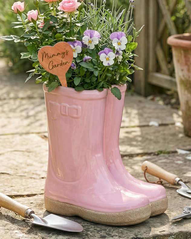 Pink Wellington Boots Planter with Personalised Marker