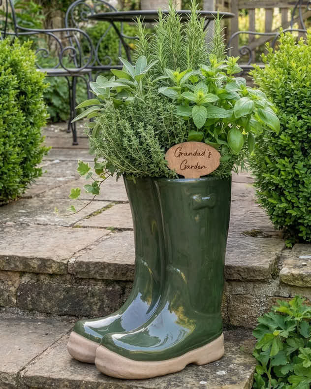 Large Dark Green Welly Boot Planter with Personalised Marker