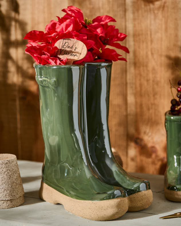 Large Dark Green Welly Boot Planter with Personalised Marker