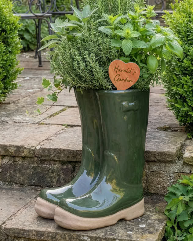 Large Dark Green Welly Boot Planter with Personalised Marker