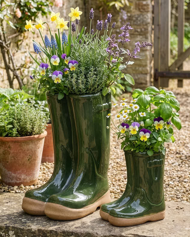Little & Large Green Welly Boot Plant Pots