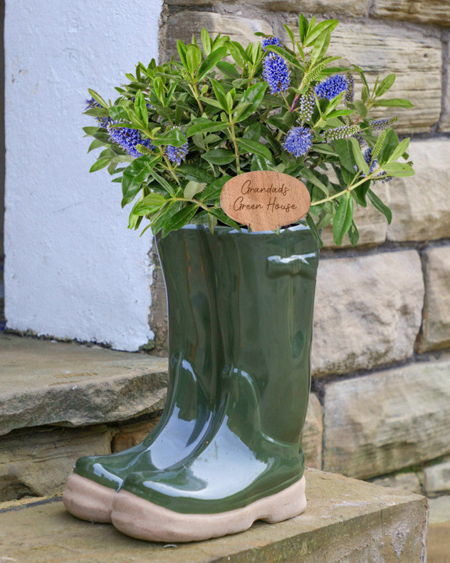 Large Dark Green Welly Boot Planter with Personalised Marker