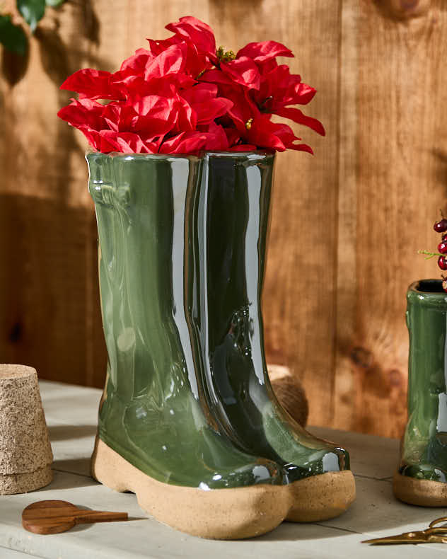 Grande jardinière en forme de bottes Wellington vert foncé