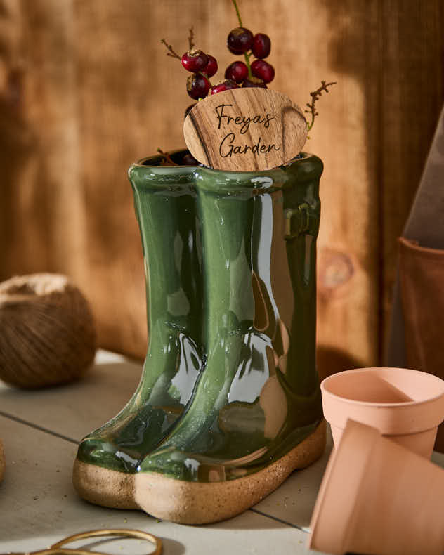 Jardinière pour bottes en caoutchouc vert foncé avec marqueur personnalisé