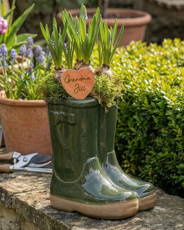 Dark Green Welly Boot Planter with Personalised Marker