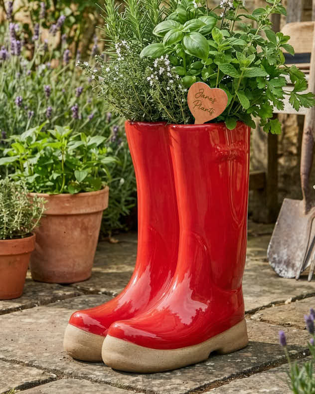 Large Red Welly Boot Planter with Personalised Marker