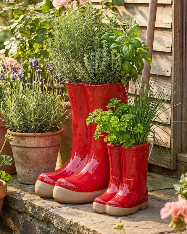 Red Ceramic Pots &amp; Planters - Little &amp; Large Red Welly Boot Plant Pots