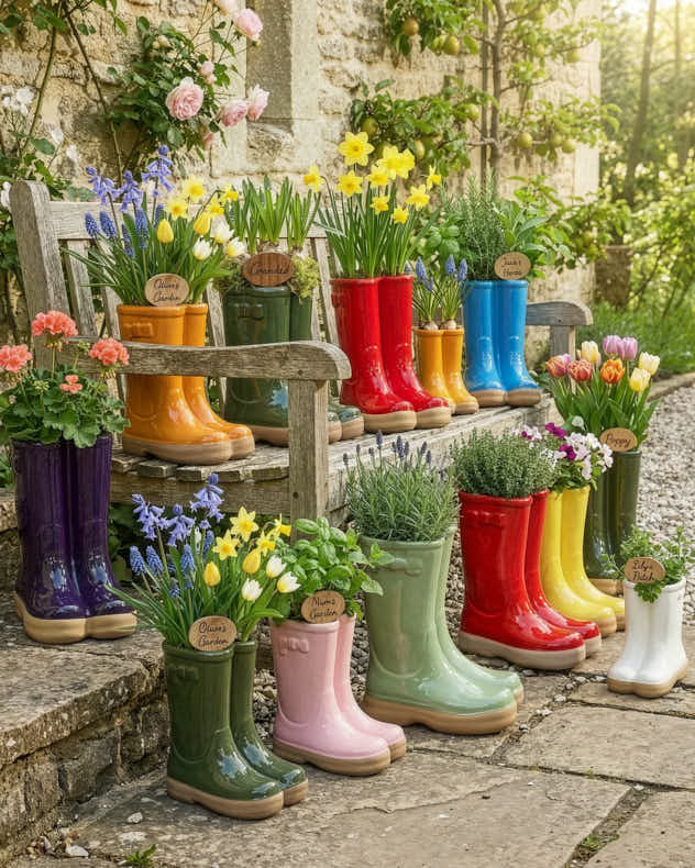 Small Ceramic Pots & Planters - Welly Boot Ceramic Planter with Personalised Marker
