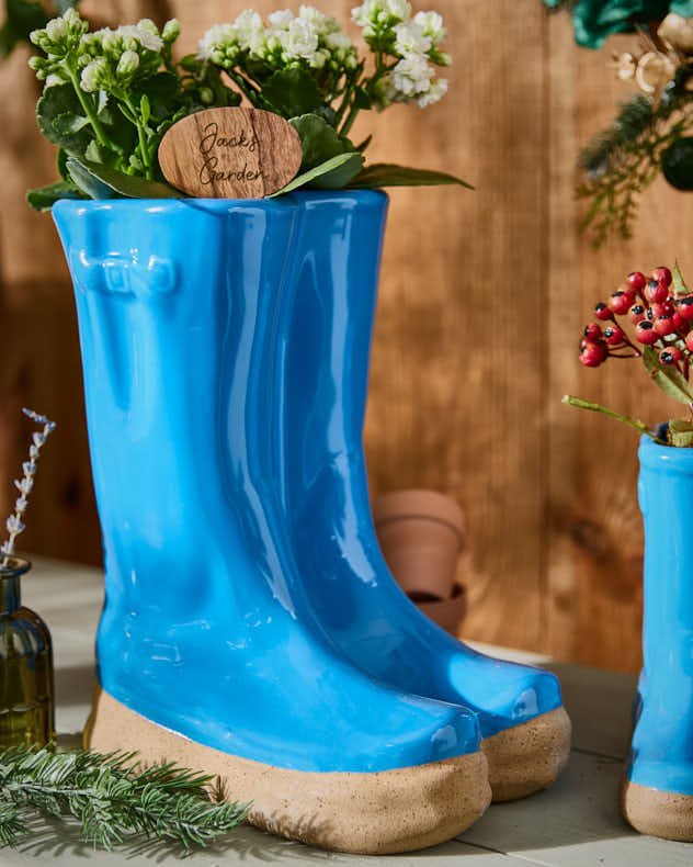 Large Bright Blue Welly Boots Planter with Personalised Marker