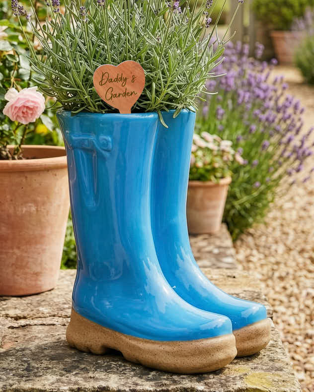 Large Bright Blue Welly Boots Planter with Personalised Marker