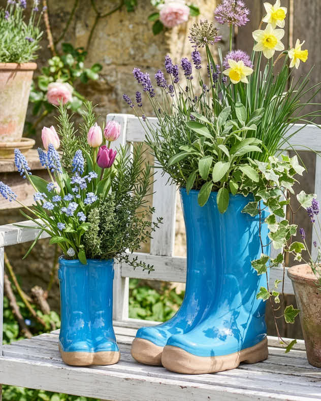Little and Large Bright Blue Wellington Boot Plant Pots
