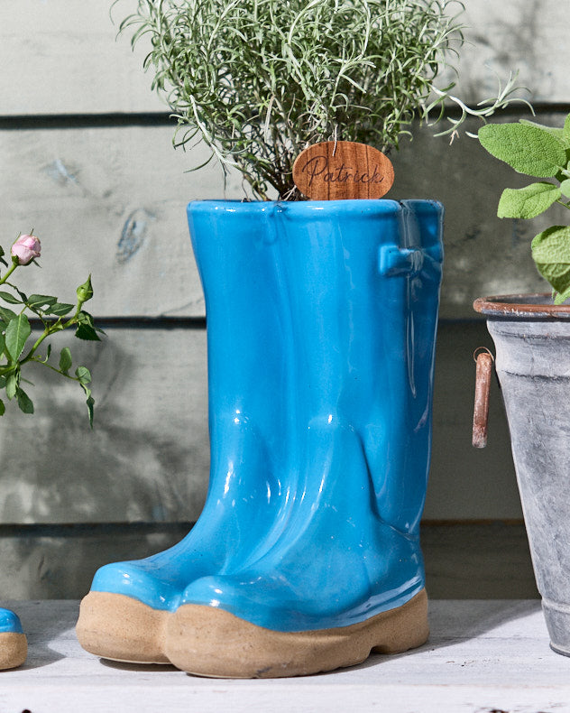 Large Bright Blue Welly Boots Planter with Personalised Marker