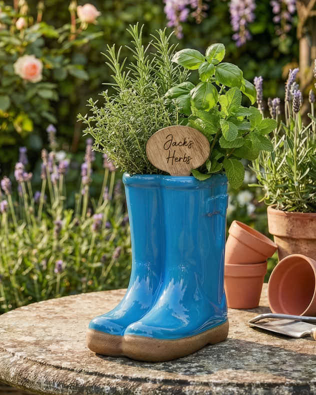 Personalised Bright Blue Welly Boot Plant Pot