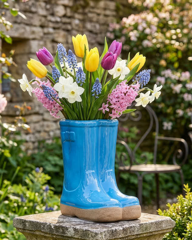 Little and Large Bright Blue Wellington Boot Plant Pots
