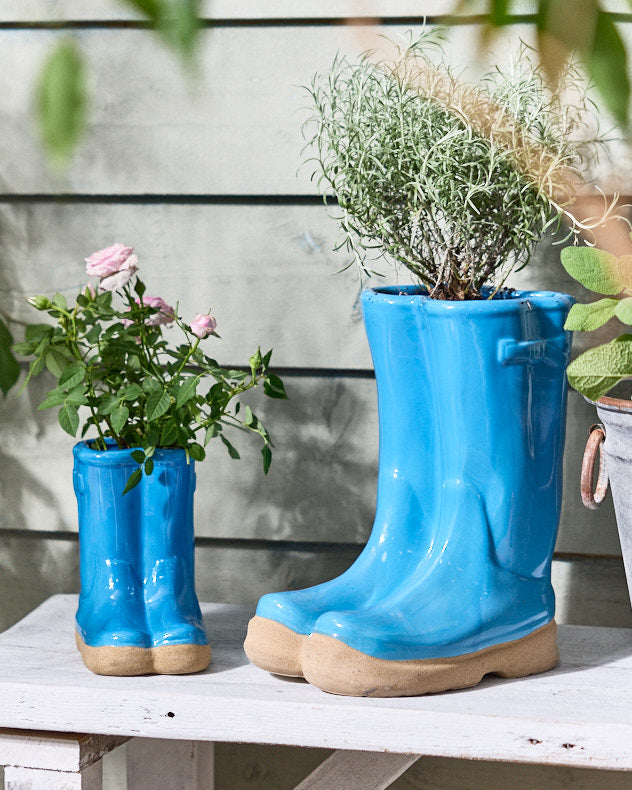 Little and Large Bright Blue Wellington Boot Plant Pots