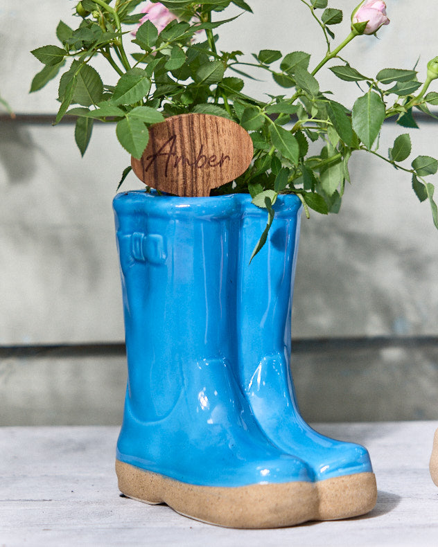 Personalised Bright Blue Welly Boot Plant Pot