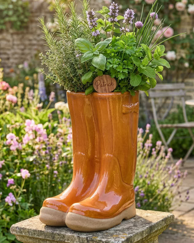 Orange Ceramic Pots & Planters - Large Orange Welly Boot Planter with Personalised Marker