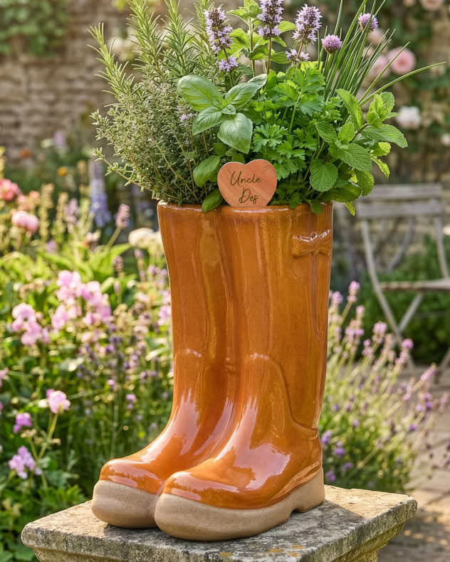 Large Orange Welly Boot Planter with Personalised Marker