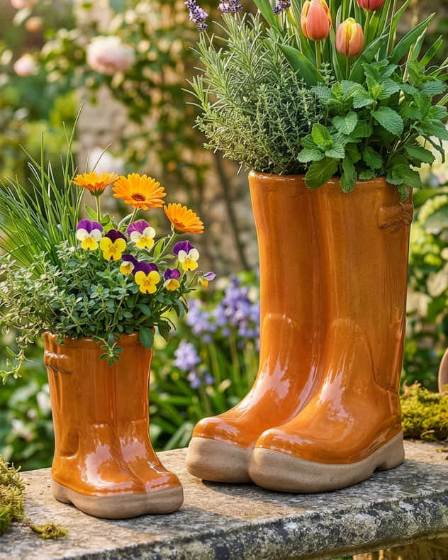 Orange Ceramic Pots & Planters - Little & Large Orange Welly Boot Plant Pots