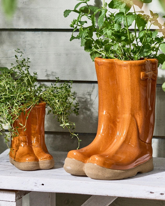 Small and large orange Ceramic Welly Planter