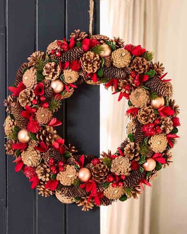 Bronze & Red & Green Pinecone & Wood Wreaths - Canterbury Christmas Wreath 50cm