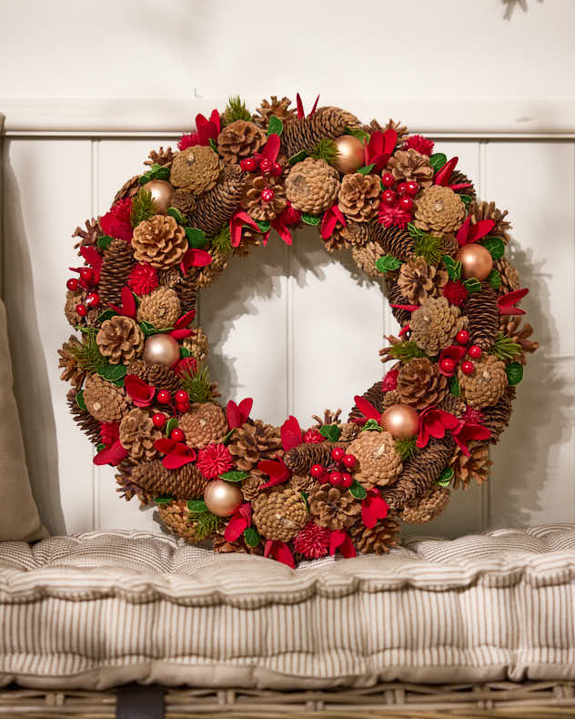 Bronze & Red & Green Pinecone & Wood Wreaths - Indoor Canterbury Giant Wreath