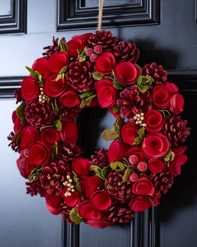 Wreaths - Red Crimson Rose Christmas Wreath 35cm
