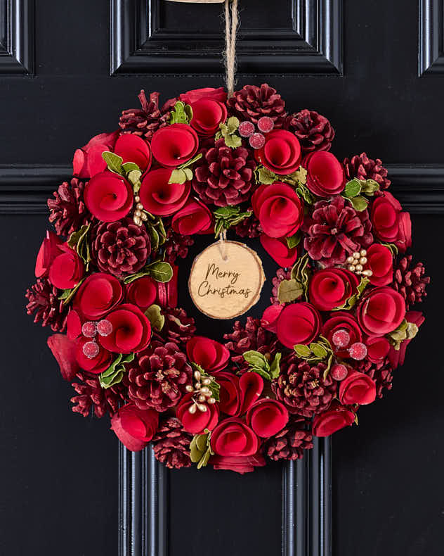 Red Wood & Pinecone Wreaths - Personalised Red Rose Christmas Wreath 35cm