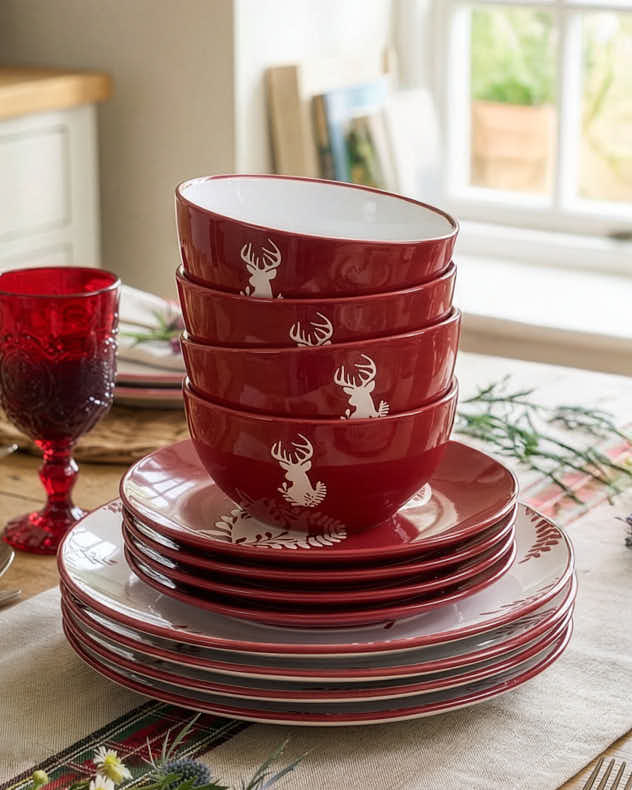 Red &amp; White Stone Dinnerware Sets - 12 Piece Red Stag Dinner Service
