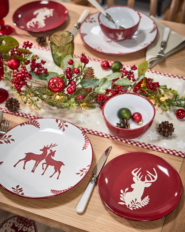 Red 12 piece reindeer dinner set xmas