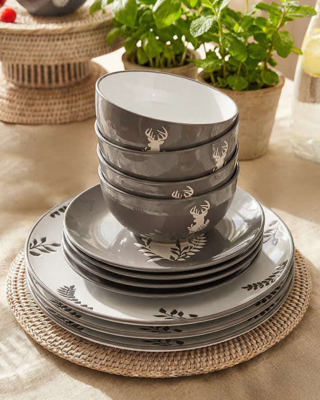 Grey &amp; White Stone Dinnerware Sets - 12 Piece Grey Stag Dinner Service