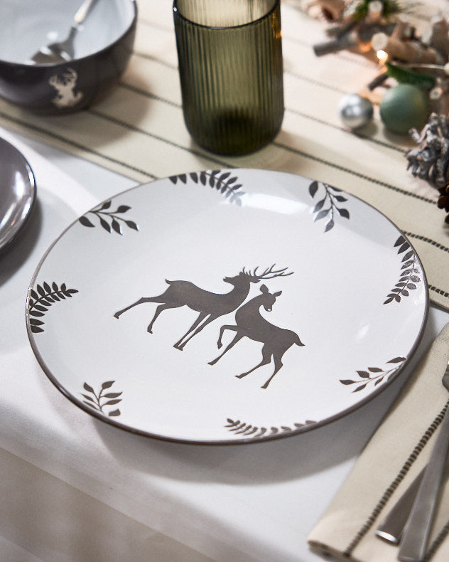 Grey 12 piece reindeer dinner set xmas single plate