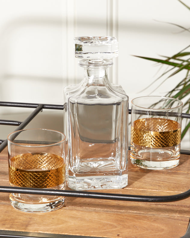 Glass Decanter and Gold Tumblers Gift Set