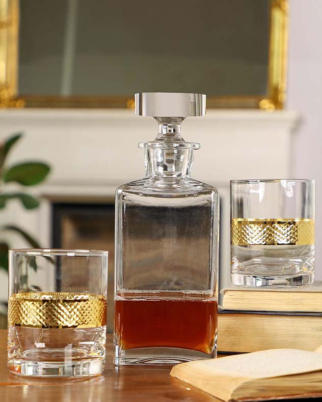 Glass Decanter & Gold Band Tumbler Gift Set with Gift Box