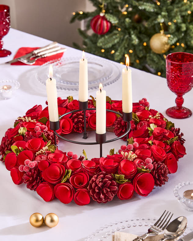 Small Red Wood Candle Holders - Red Rose Table Centrepiece