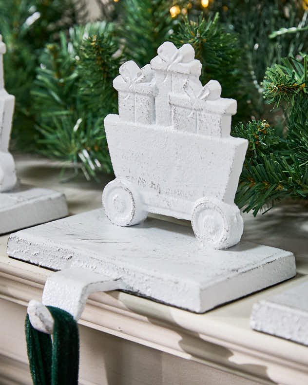 White Family of 4 Train Christmas Stocking Holder Set