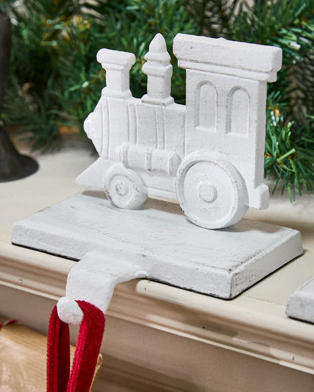 White Family of 4 Train Christmas Stocking Holder Set