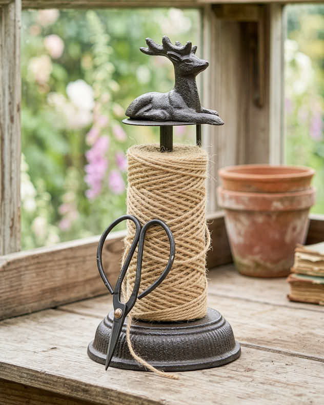 Brown Recycled Iron & Jute Twine String Dispenser - Cast Iron Stag Garden String Dispenser with Scissors