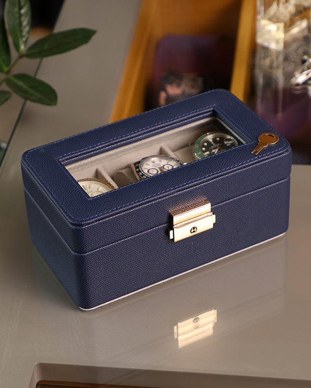 Midnight Blue Textured Watch Box with Key