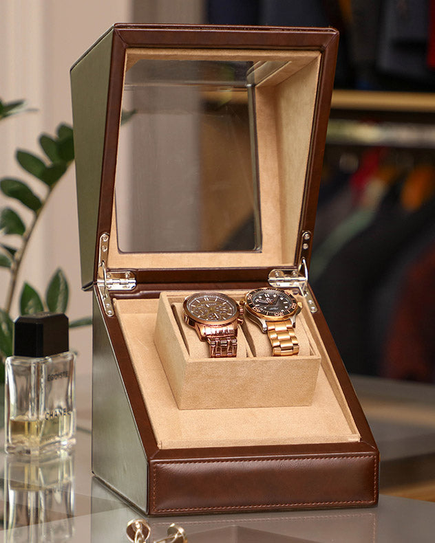 Rich Brown Leather Double Watch Display Case