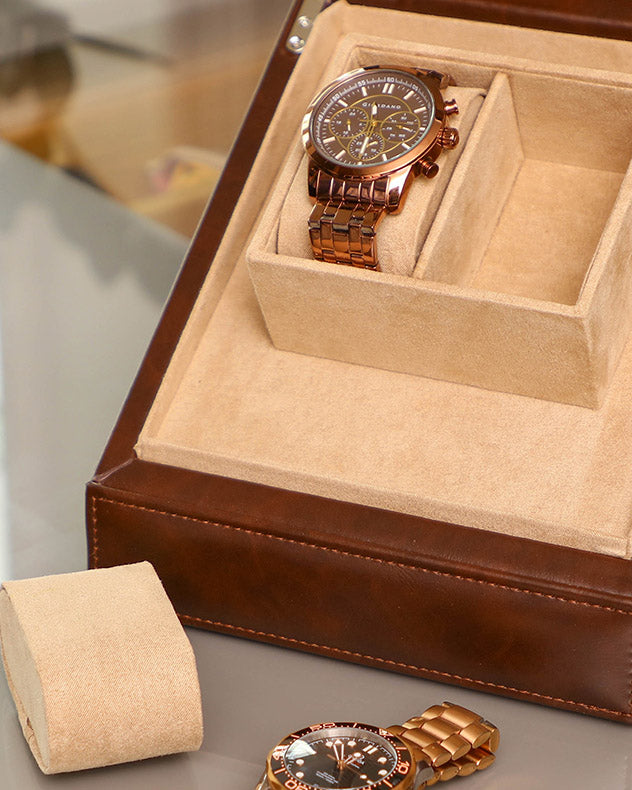 Rich Brown Leather Double Watch Display Case
