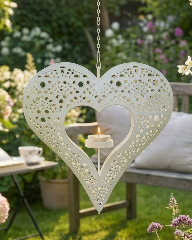 White Recycled Iron Garden Candle Holder - Ivory Heart Hanging Candle Holder
