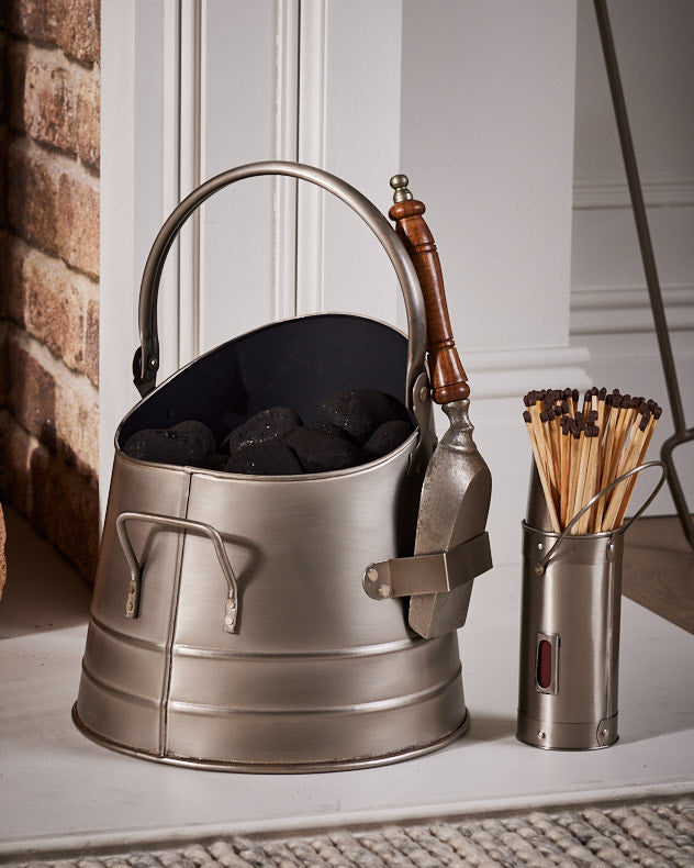 Pewter Fireside Coal Bucket and Match Holder