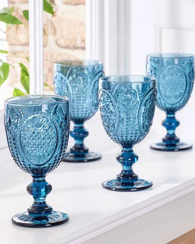 Set of Four Fleur de Lys Blue Wine Goblets