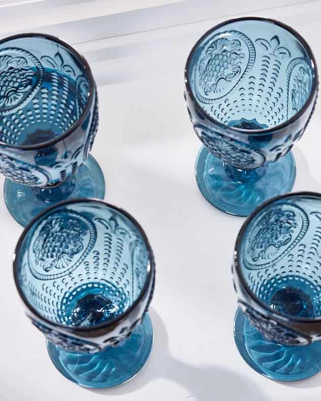 Blue wine goblets top view