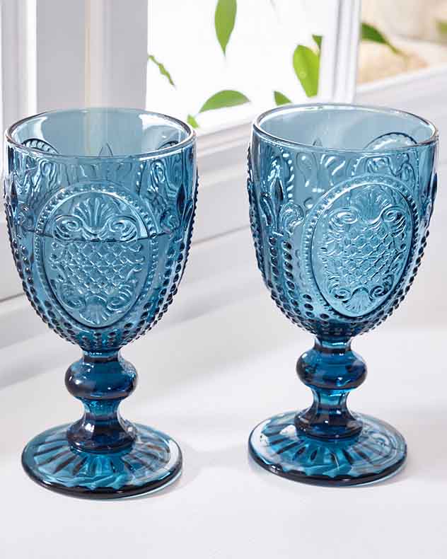 Wine Glasses Set of 4 - Fleur de Lys Blue Wine Goblet