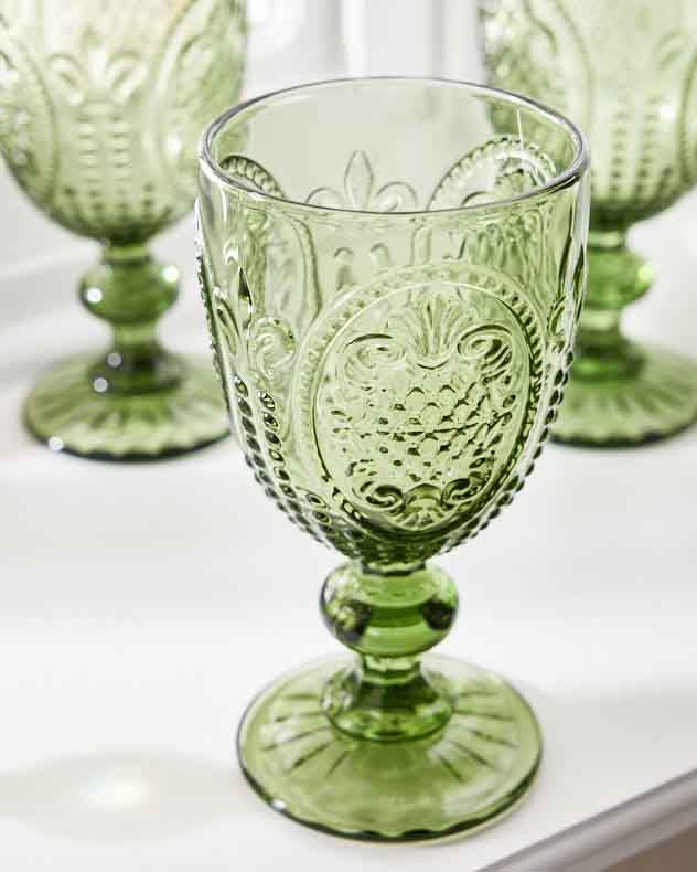 Wine Glasses Set of 2 - Fleur de Lys Green Wine Goblet