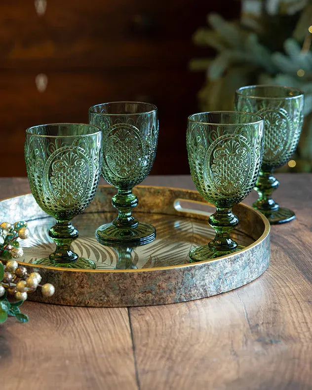 Set of 4 Fleur de Lys Green Wine Goblet